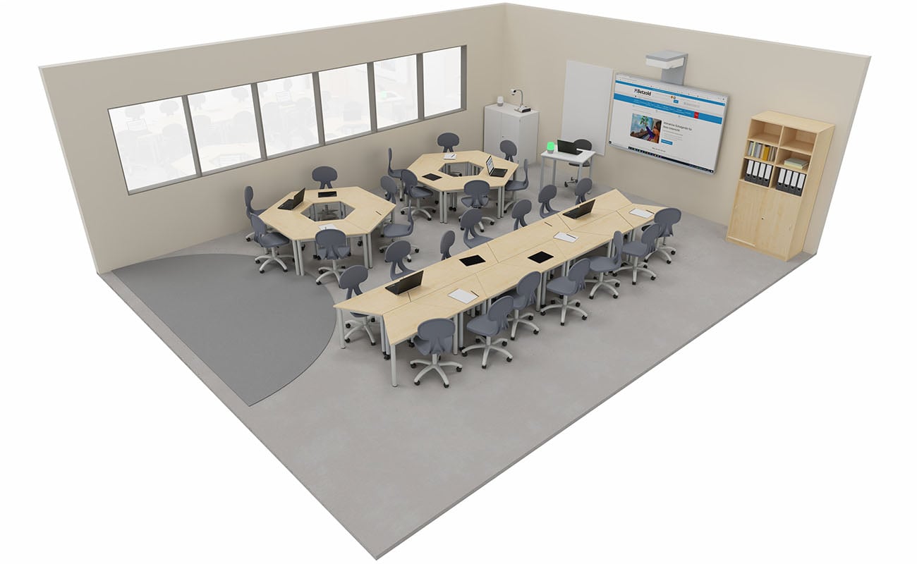 Klassenzimmer Lern-Nest mit modularen Betzold LernFlex Tischen, X-Tra Stühlen und Chillo Sofa