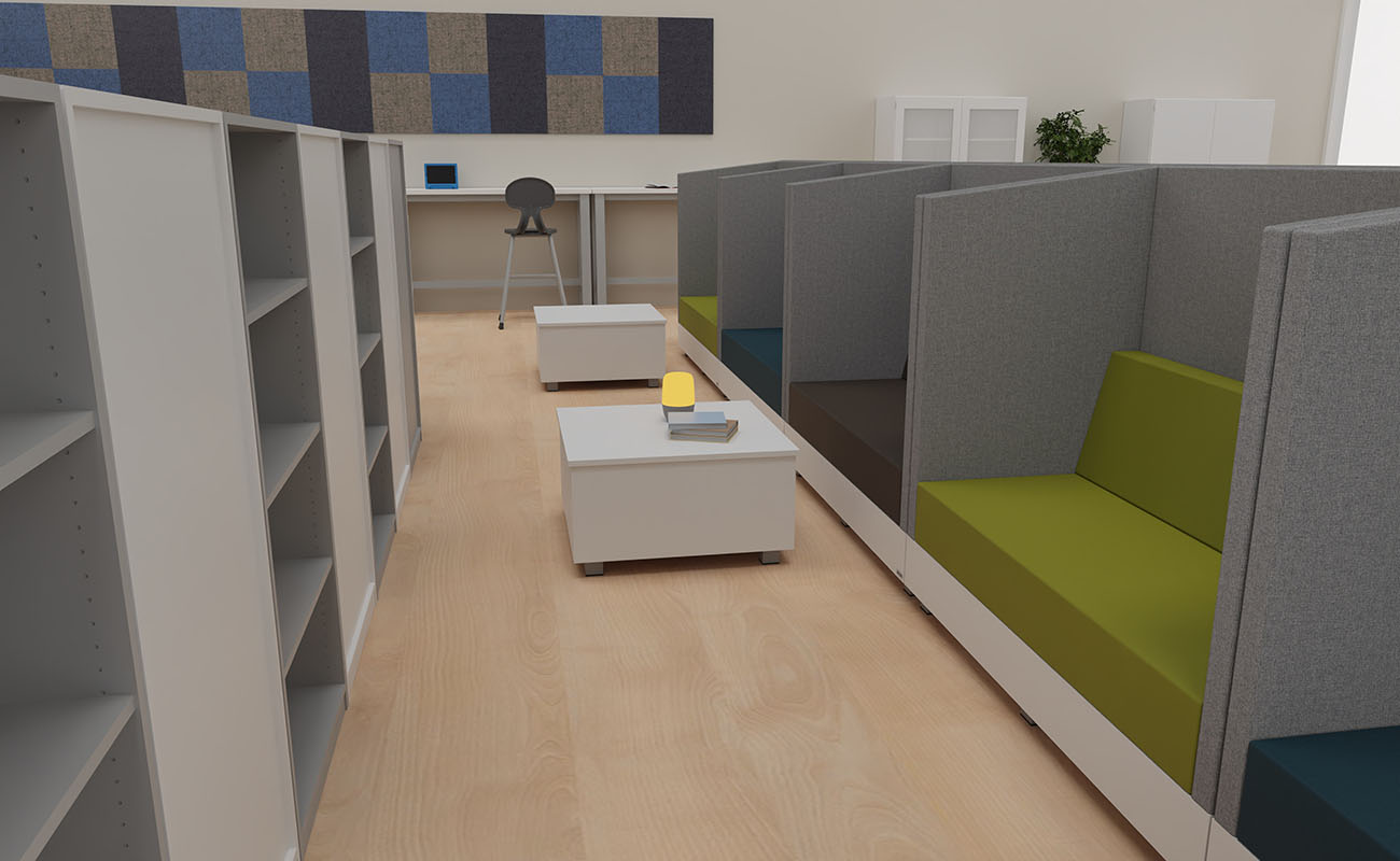 Klassenzimmer Dialogwerkstatt Ausschnitt mit  Flexeo Regalen, Chillo Schallschutzsofas und essBar Hochtischen