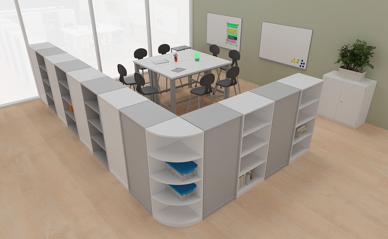 Klassenzimmer Dialogwerkstatt Klassenzimmer Dialogwerkstatt Arbeitsecke mit Flexeo Bücherregalen, essBar Hochtischen und Betzold Hochstühlen