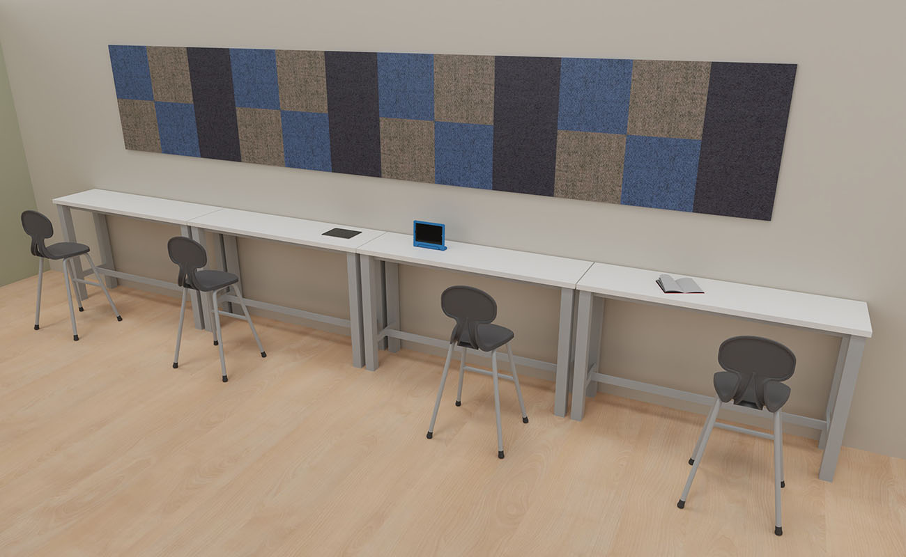 Klassenzimmer Dialogwerkstatt Klassenzimmer Dialogwerkstatt Ecke mit essBar Hochtischen, Hochstühlen und Xilent Schallschutzpanelen