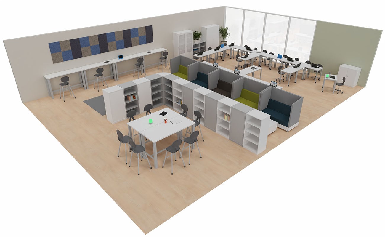 Klassenzimmer Dialogwerkstatt mit LernFlex modularen Tischen, Xtra Stühlen, Flexeo Regalen, Chillo Schallschutzsofas und essBar Hochtischen