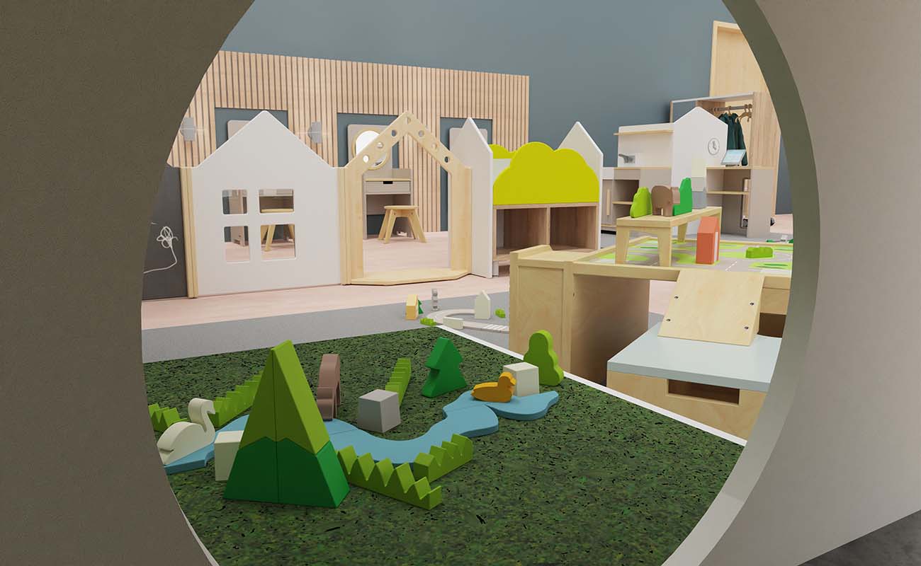 Rollenspielraum Spielerei Ausschnitt mit eduCasa Raumtrennerelementen und Betzold Bodenspieltisch mit Bausteinen