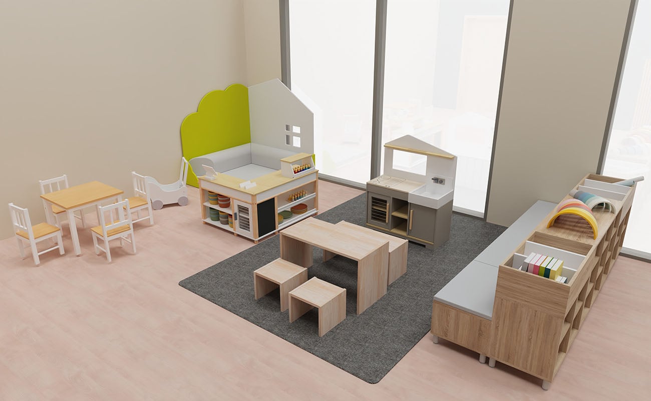 Rollenspielraum Spielerei Rollenspielraum Spielerei Ecke mit Kindersitzgruppen, Betzold Kaufladen, Betzold Kinderküche und eduCasa Eckenelement
