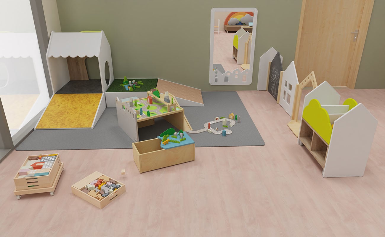 Rollenspielraum Spielerei Rollenspielraum Spielerei Ecke mit Krabbelpodest, Betzold Bodenspieltisch und eduCasa Raumtrenner