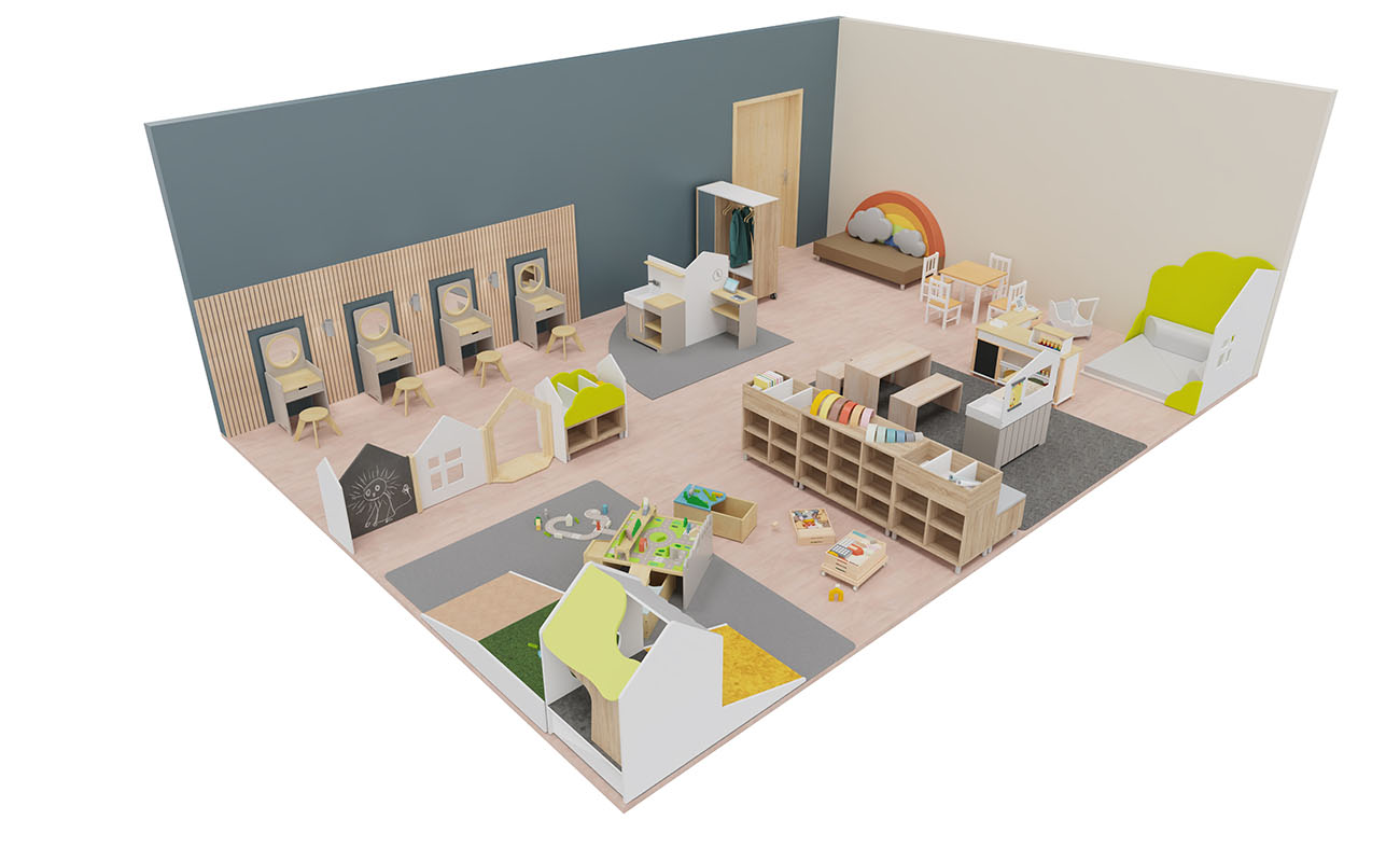 Rollenspielraum Spielerei mit Betzold Spiegeltisch, eduCasa Raumtrennerelementen, Kindersitzgruppe und Bodenspieltisch