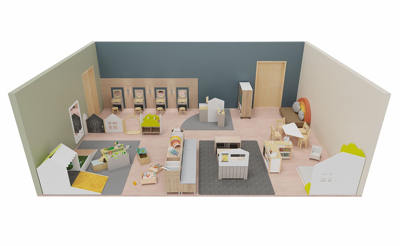 Rollenspielraum Spielerei Seitenansicht mit Betzold Spiegeltisch, eduCasa Raumtrennerelementen, Kindersitzgruppe und Bodenspieltisch