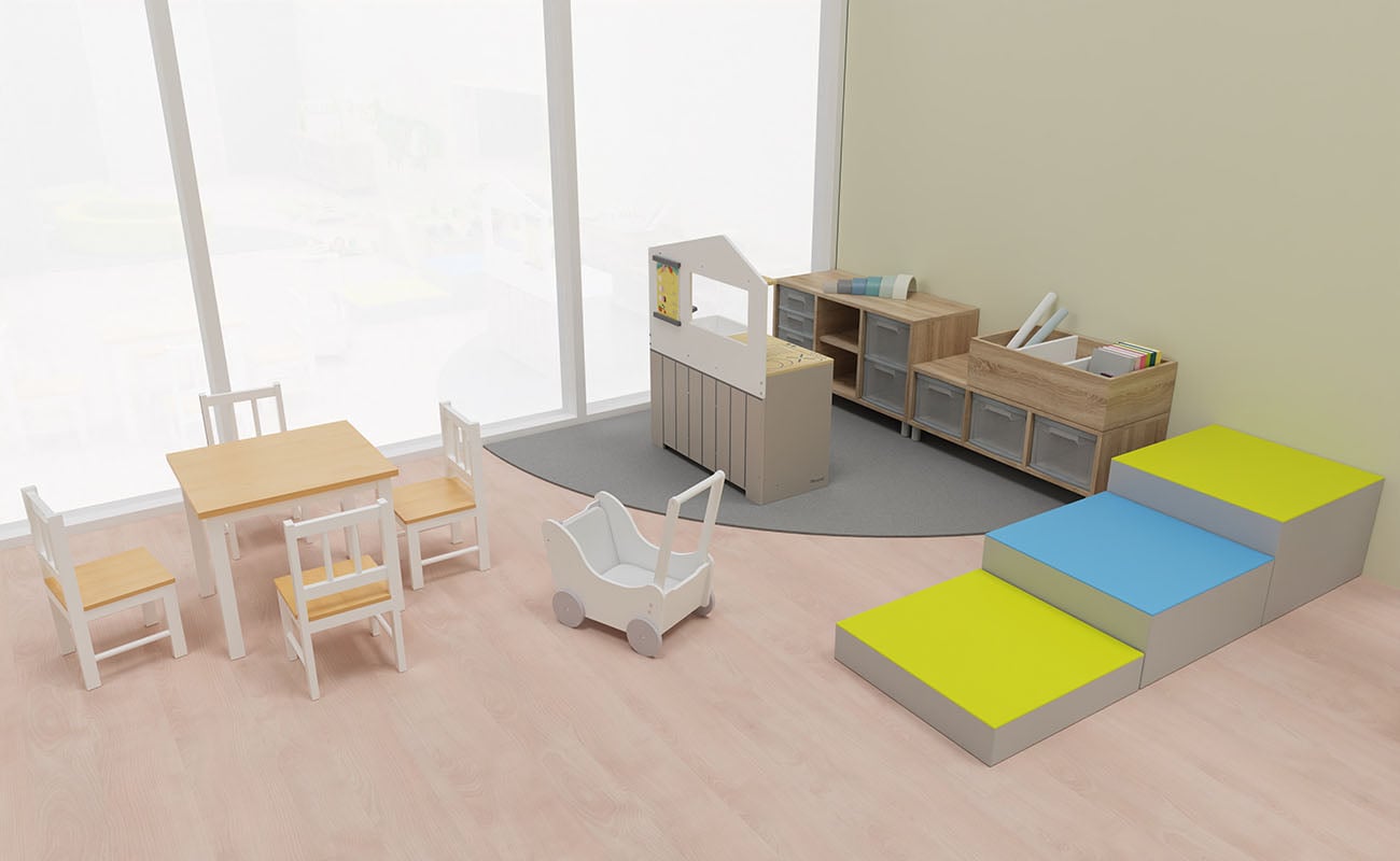 Rollenspielraum Fantasie-Quartier Rollenspielraum Fantasie-Quartier Ecke mit Kinder Sitzgruppe, Schaumpodesten und Betzold Kinderküche mit Kioskfunktion