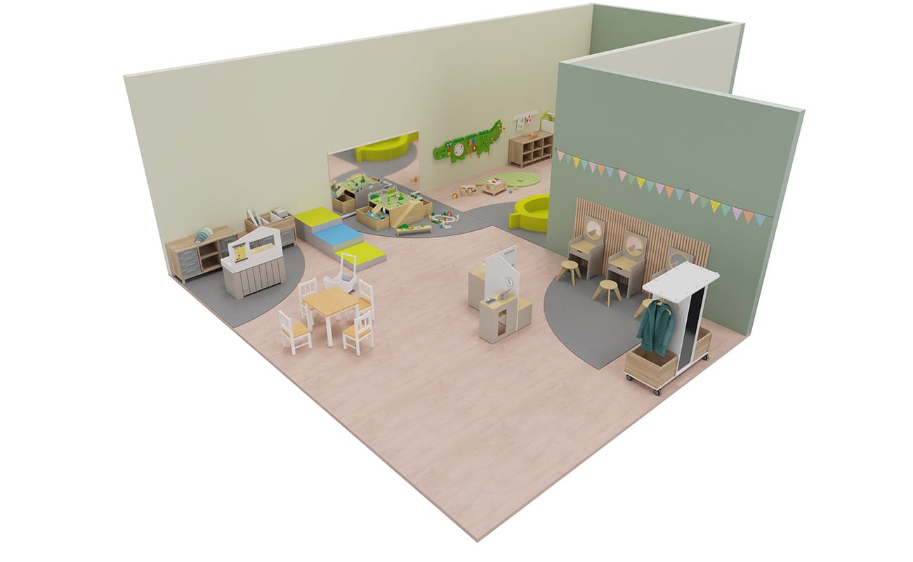 Rollenspielraum Fantasie-Quartier mit Betzold Palinka Blattsofa, Betzold Spiegeltisch, Krokodilwandspiel und Betzold Kinderküche mit Kioskfunktion