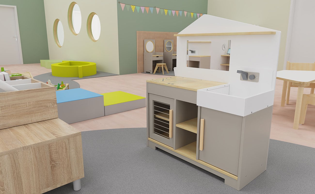 Rollenspielraum Fantasie-Quartier Ausschnitt mit Betzold Kinderküche mit Kioskfunktion