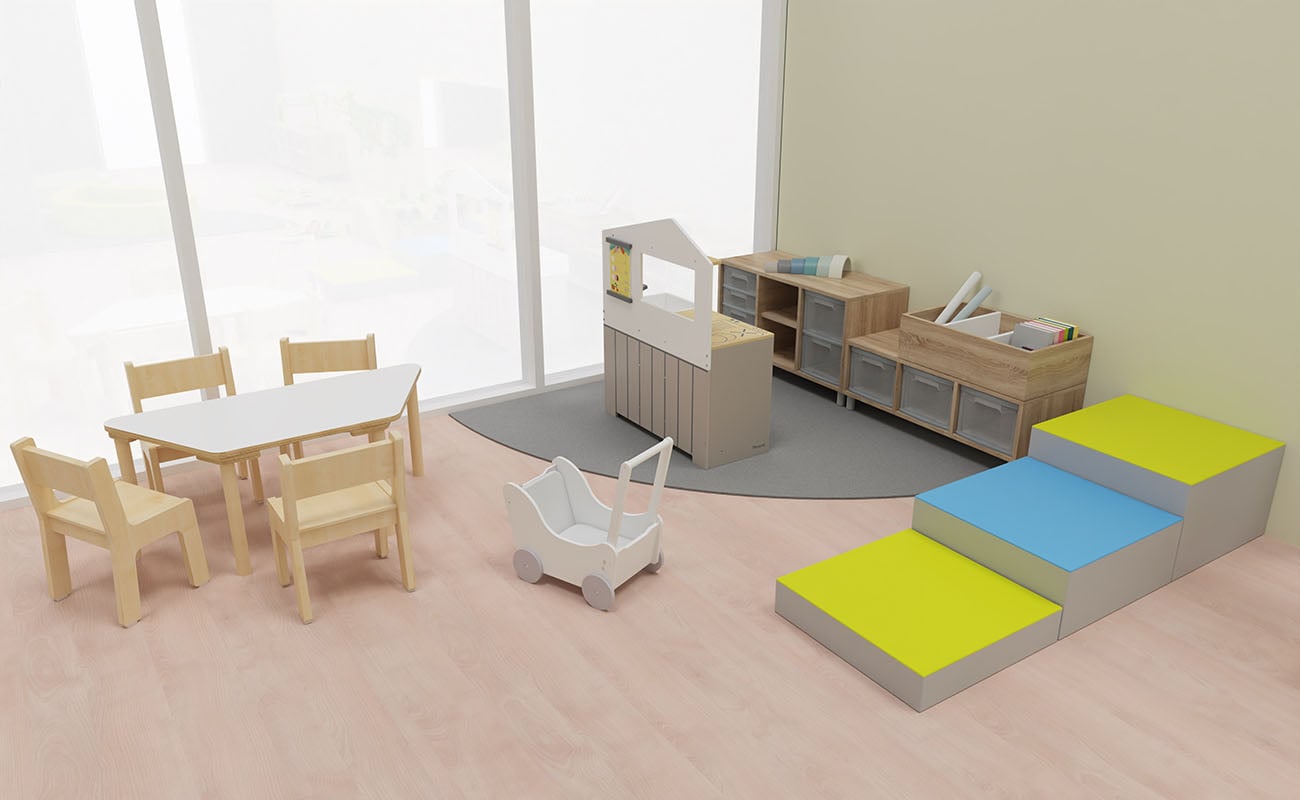 Rollenspielraum Fantasie-Quartier Ecke mit Kinder Sitzgruppe, Schaumpodesten und Betzold Kinderküche mit Kioskfunktion