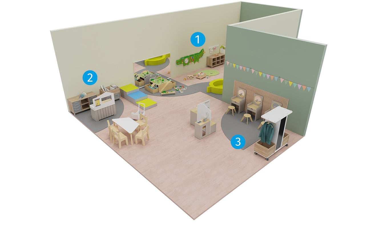 Rollenspielraum Fantasie-Quartier mit ICONS  mit Betzold Palinka Blattsofa, Betzold Spiegeltisch, Krokodilwandspiel und Betzold Kinderküche mit Kioskfunktion