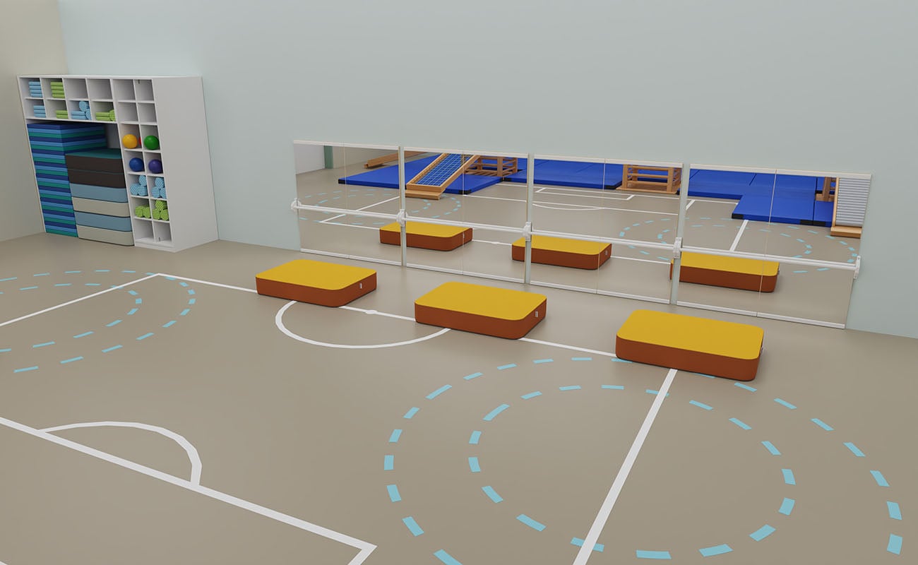 Turnraum Turnraum Ecke mit eduCasa Wandspiegel, Betzold Hüpfpolster und Flexeo Schrank