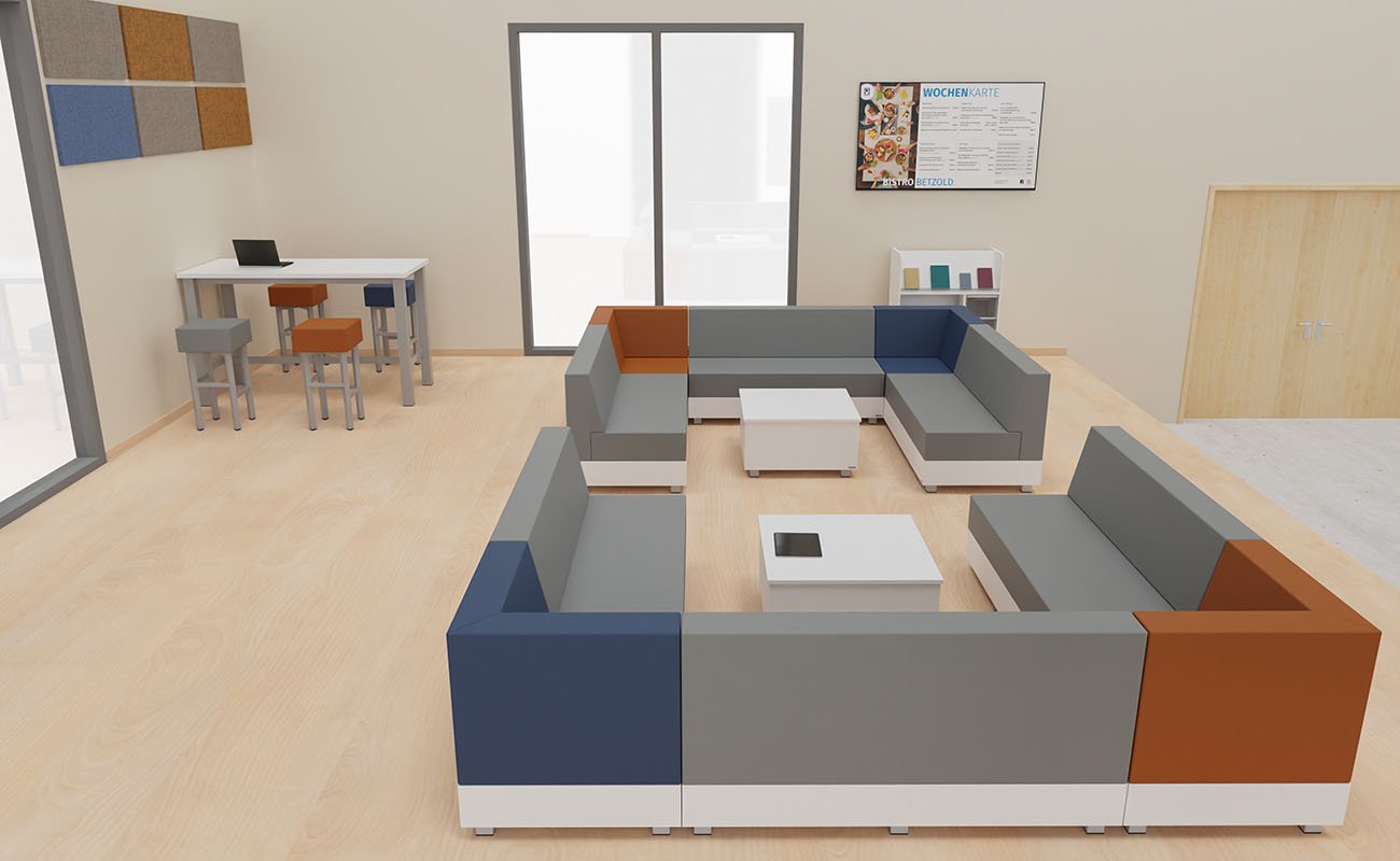Co-Learning Space Ideenwerkstatt Ausschnitt mit Chillo Bänken und Couchtischen, essBar Hochtischund Hochhockern und Schallschutz