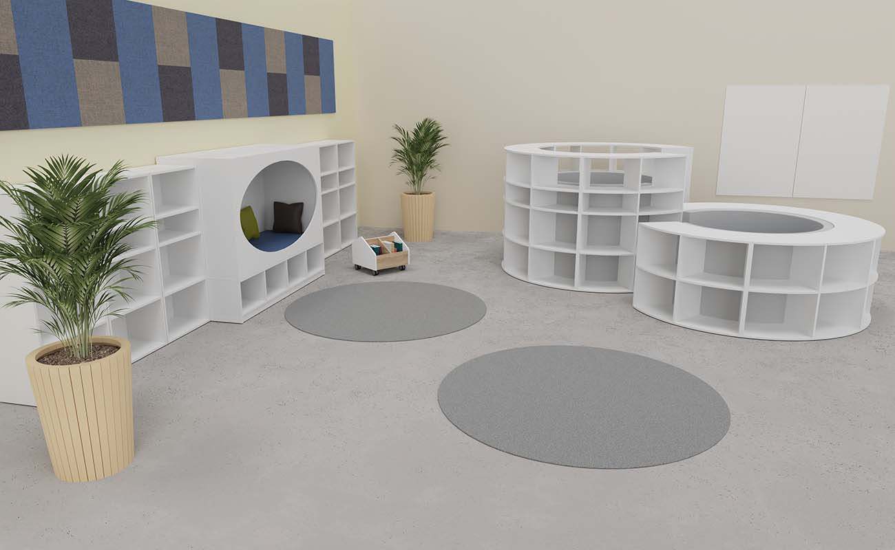 Co-Learning Space LernAtelier Ecke mit Lesetreff Möbeln, Lesekojen, Kurzflorteppichen, Lesekojen und Schallschutz