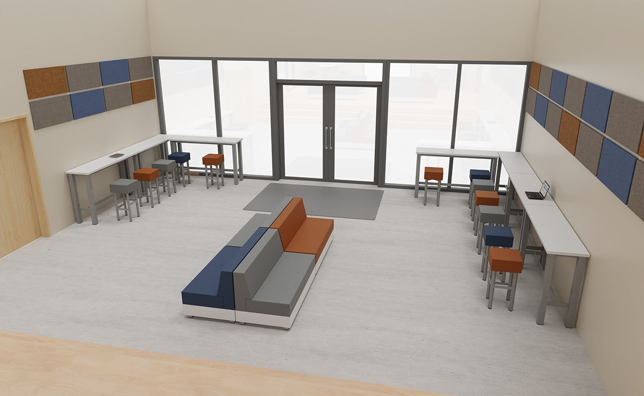 Co-Learning Space Ideenwerkstatt Ausschnitt mit essBar Hochtischen und Hochhockern, Chillo Bänken und Schallschutz