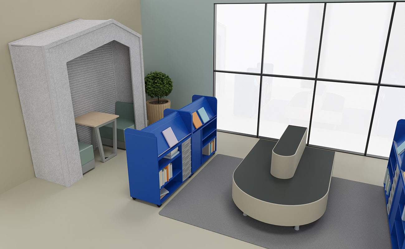 Leselounge Ausschnitt mit blauen Flexeo Bücherwagen, Betzold Relaxterminal Endstück und Akustikhaus