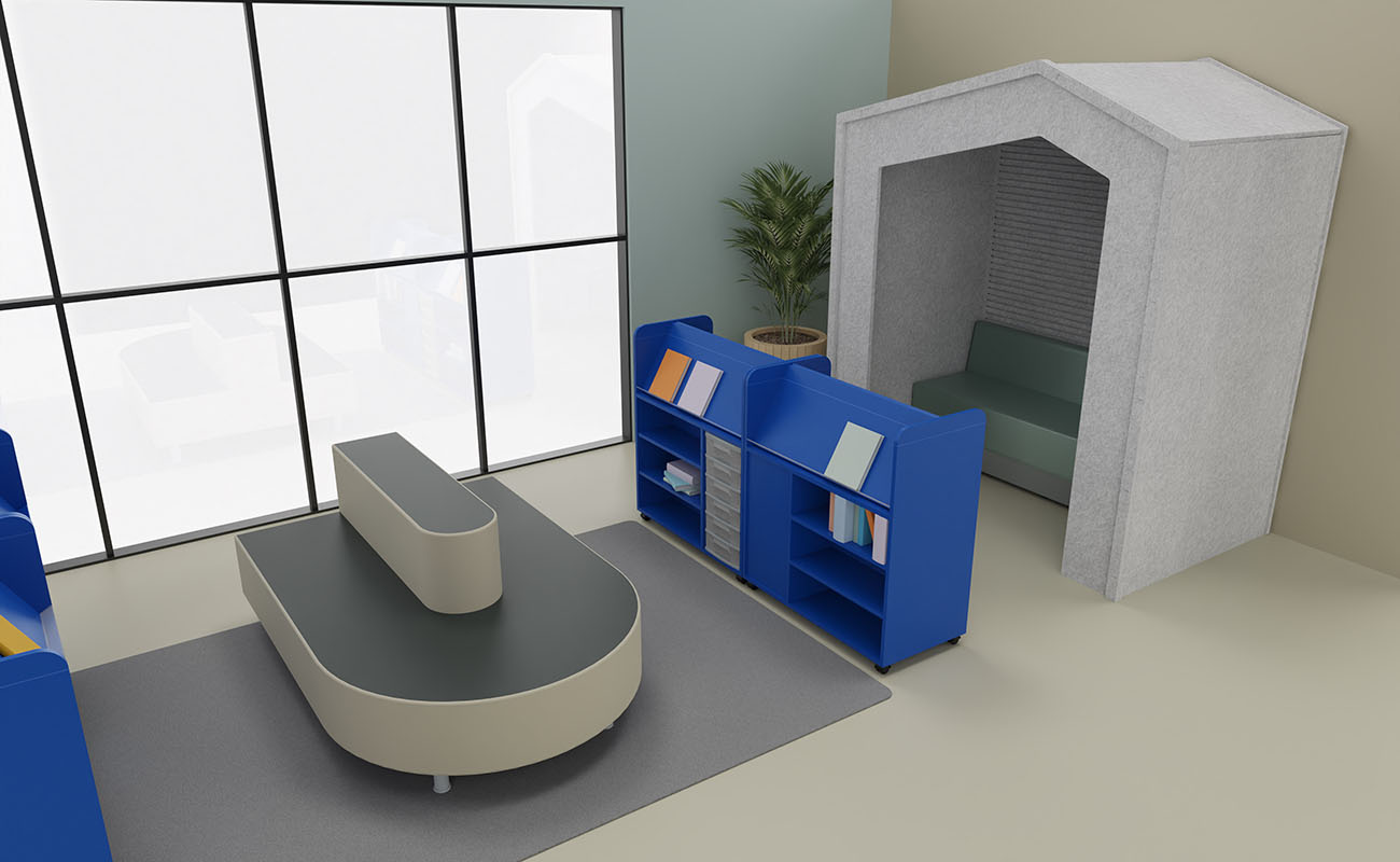 Leselounge Ausschnitt mit Betzold Relaxterminal Endstück, Flexeo Bücherwagen und Akustikhaus