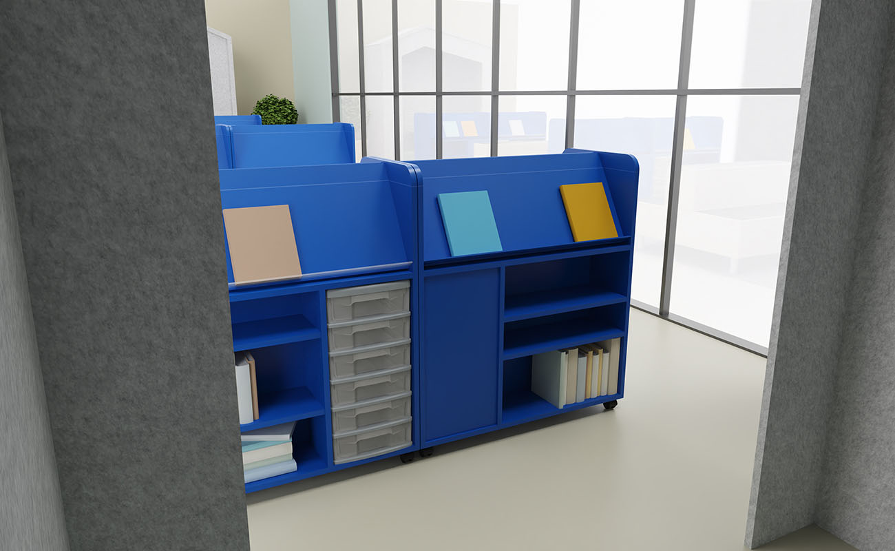 Leselounge Ausschnitt aus dem Akustikhaus hinaus auf den blauen Flexeo Bücherwagen