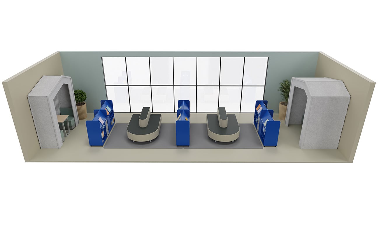 Leselounge Obenansicht mit Schallschutzhäusern, Flexeo Bücherwagen und Betzold Relaxterminal Endstücken
