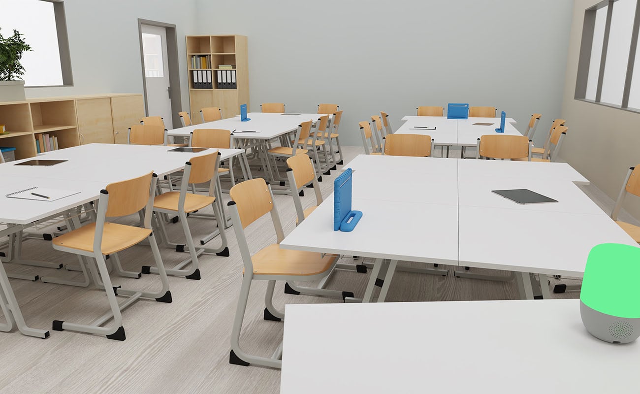 Klassenzimmer Lernraum Ausschnitt mit Lärmlicht, Flexeo Regalen, Betzold Swing Tischen und Ecoflex Stühlen