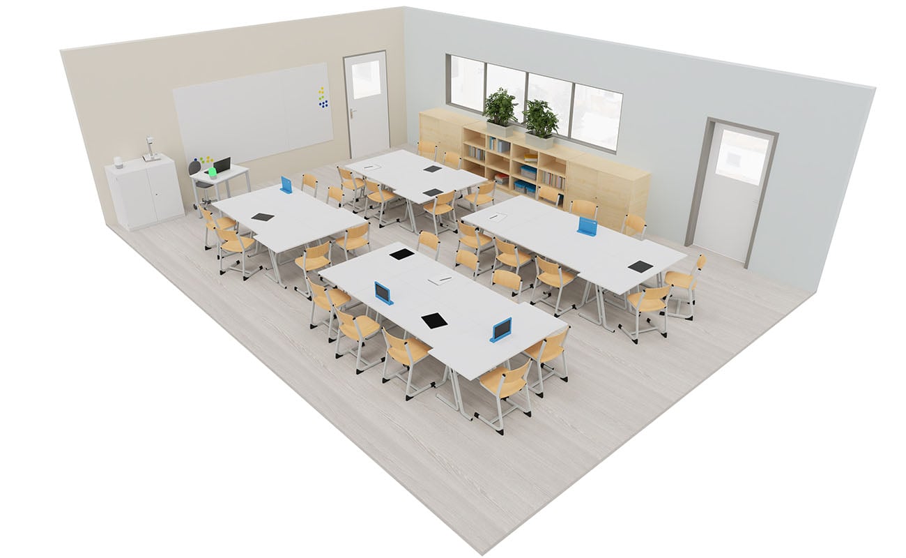 Klassenzimmer Lernraum mit Flexeo Regalen, Betzold Swing Tischen und Ecoflex Stühlen