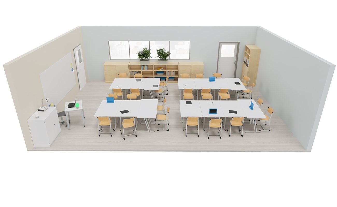 Klassenzimmer Lernraum mit Flexeo Regalen, Betzold Swing Tischen und Ecoflex Stühlen