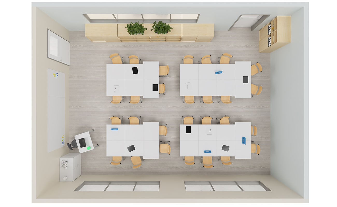 Klassenzimmer Lernraum Ansicht von oben mit Flexeo Regalen, Betzold Swing Tischen und Ecoflex Stühlen