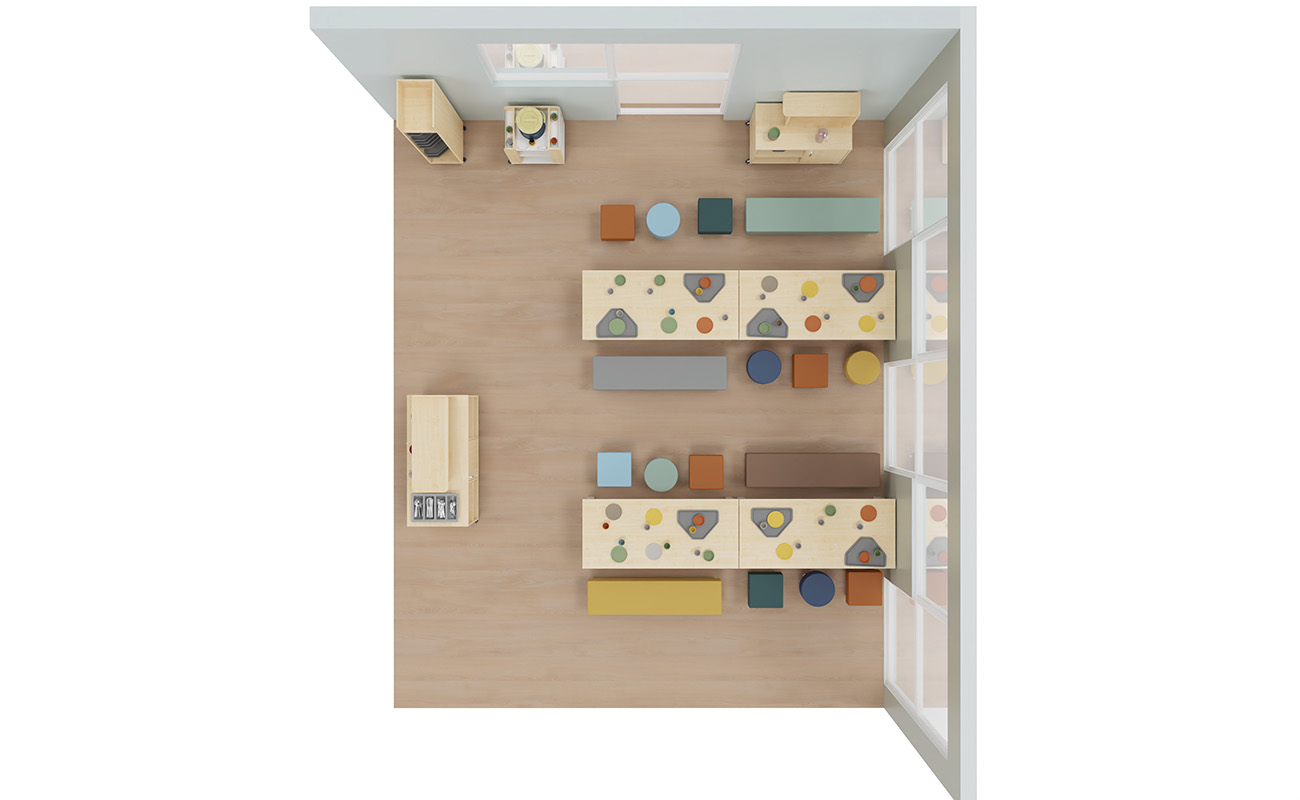 Ess-Ecke bunte Brotzeitinsel mit treeNside Geschirr, Essbartisch und -hocker und Geschirrwagen