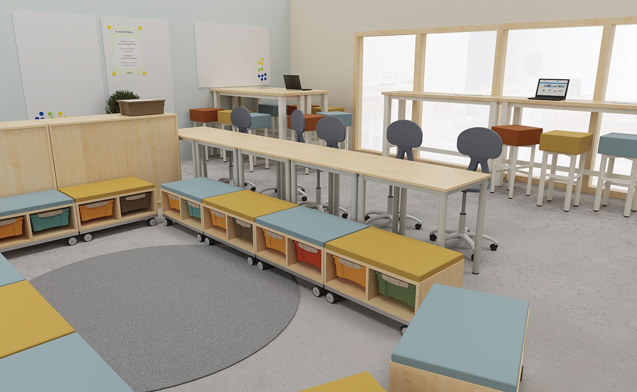 Klassenzimmer Lernvielfalt Ansicht mit Icons mit Flexeo Regalen, Essbarstühle und Tische und Betzold Box Pro