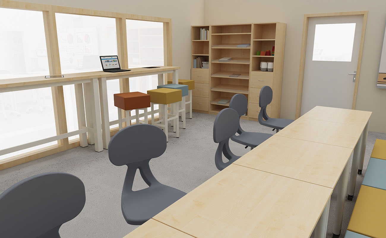 Klassenzimmer Lernvielfalt Ansicht mit Icons mit Flexeo Regalen, Essbarstühle und Tische und Betzold Box Pro
