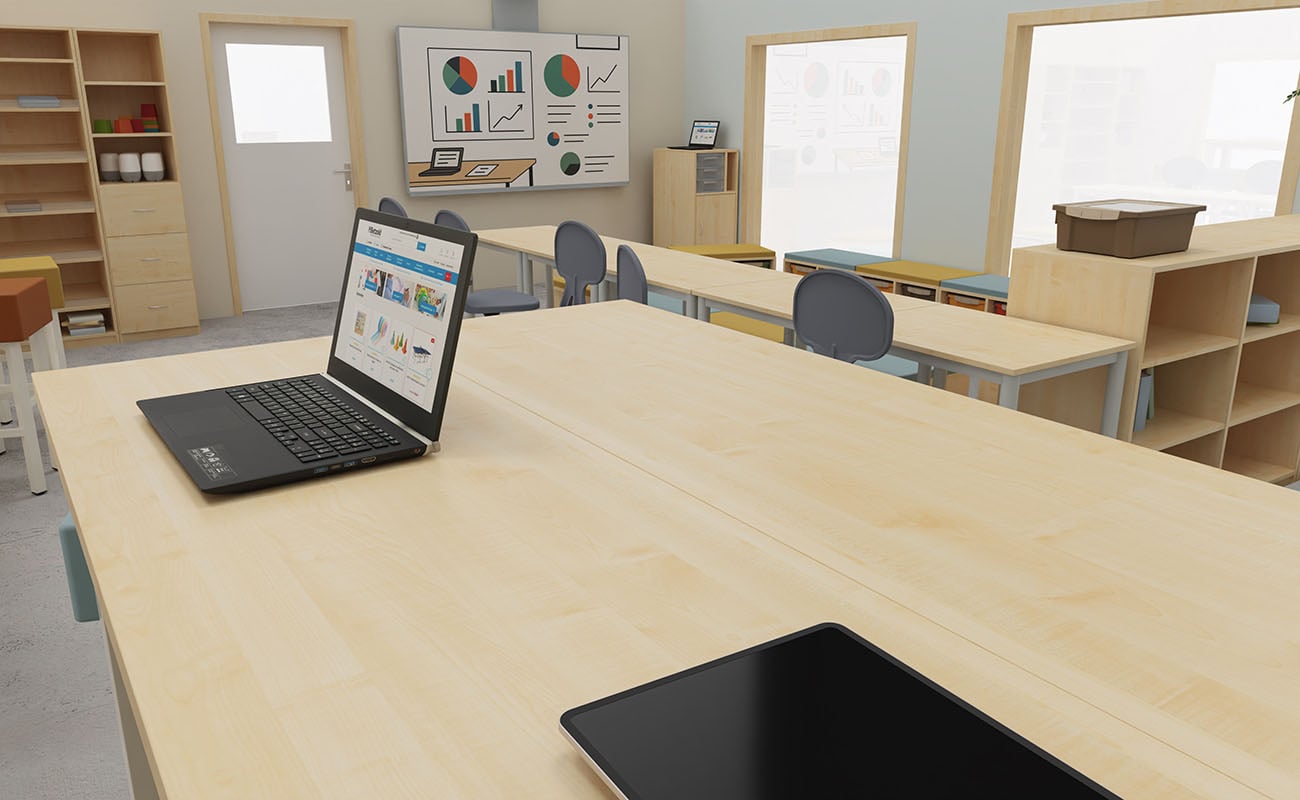 Klassenzimmer Lernvielfalt Ansicht mit Icons mit Flexeo Regalen, Essbarstühle und Tische und Betzold Box Pro