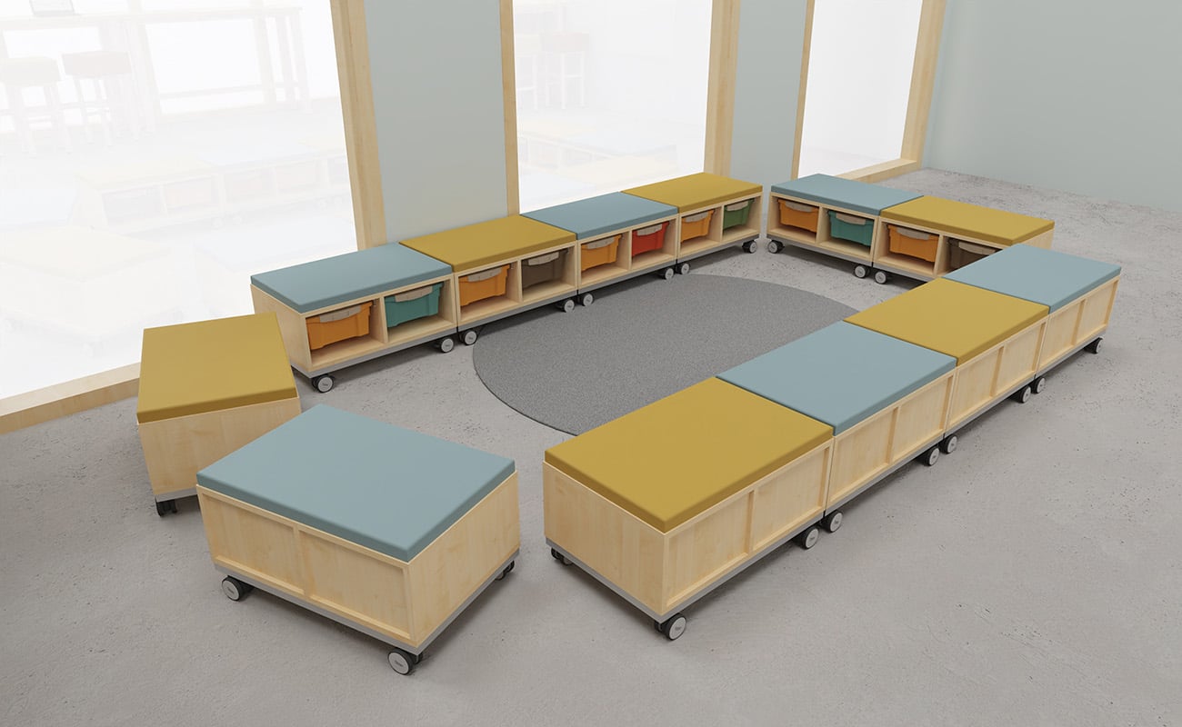 Klassenzimmer Lernvielfalt Ansicht mit Icons mit Flexeo Regalen, Essbarstühle und Tische und Betzold Box Pro