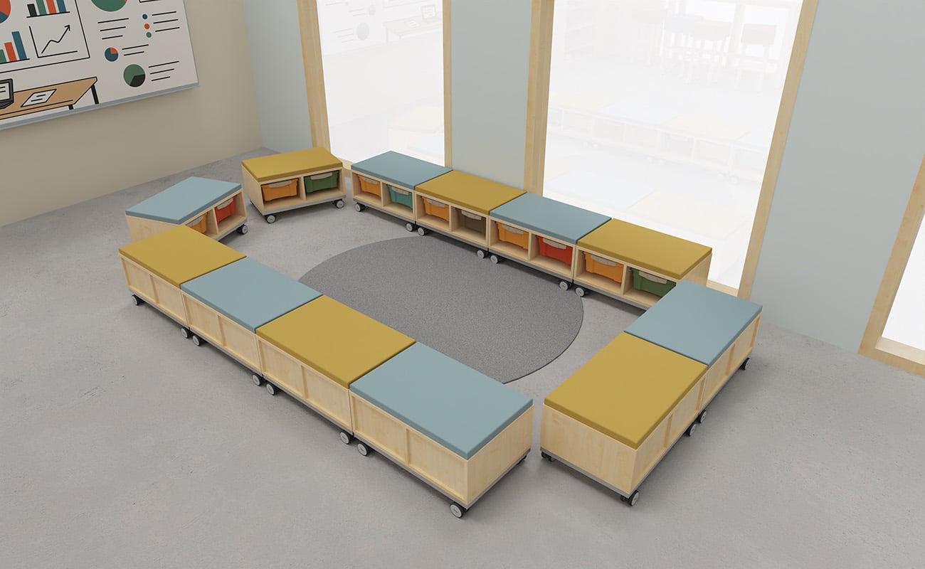 Klassenzimmer Lernvielfalt Ansicht mit Icons mit Flexeo Regalen, Essbarstühle und Tische und Betzold Box Pro