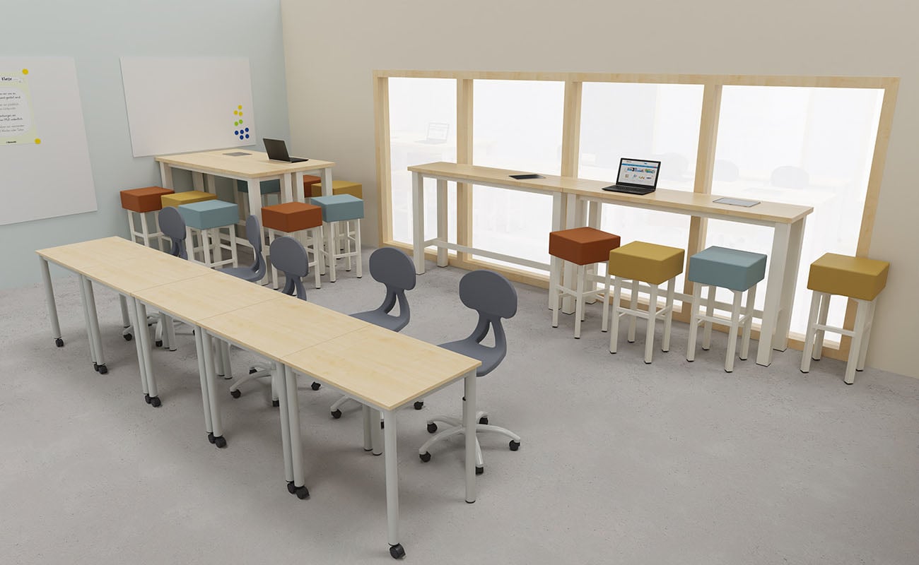 Klassenzimmer Lernvielfalt Ansicht mit Icons mit Flexeo Regalen, Essbarstühle und Tische und Betzold Box Pro