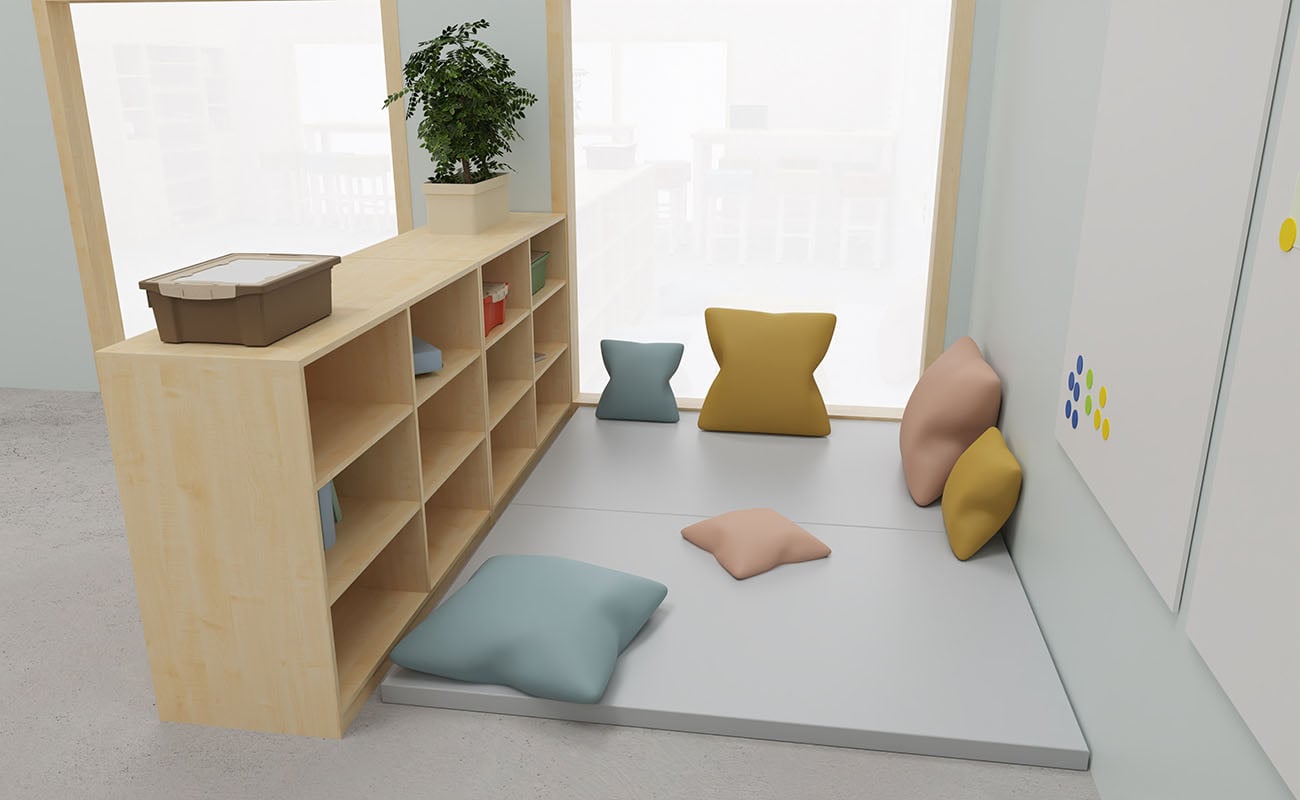 Klassenzimmer Lernvielfalt Ansicht mit Icons mit Flexeo Regalen, Essbarstühle und Tische und Betzold Box Pro