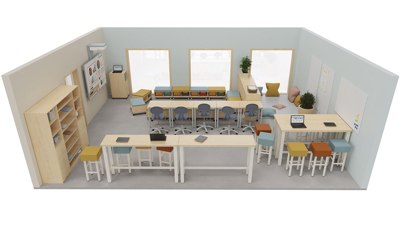 Klassenzimmer Lernvielfalt Ansicht mit Icons mit Flexeo Regalen, Essbarstühle und Tische und Betzold Box Pro