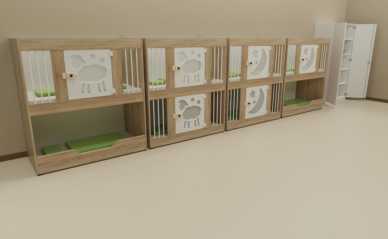 Schlafraum Traumgarten Schlafraum Traumgarten Ecke mit EduCasa-Etagenbetten und einem Flexeo®-Schrank