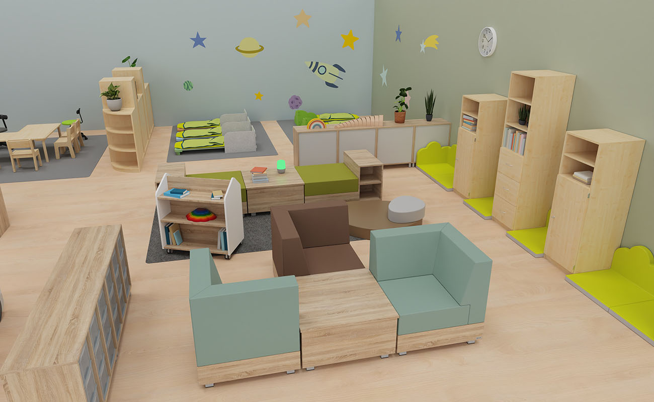 Gruppenraum Bunte Kinderwelt Gruppenraum Bunte Kinderwelt mit EduCasa Podesten, Flexeoregalen, Betzold Liegen und Stühlen
