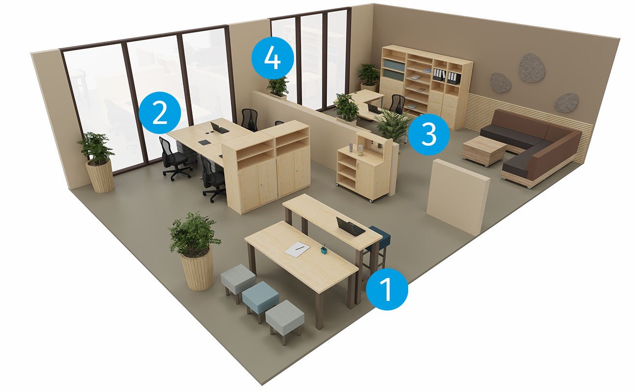 Mittelpunkt der Schule Sekretariat und Rektorat mit Icons mit Flexeo Schreibtischen, Stauraum und Chillo Sofaecke