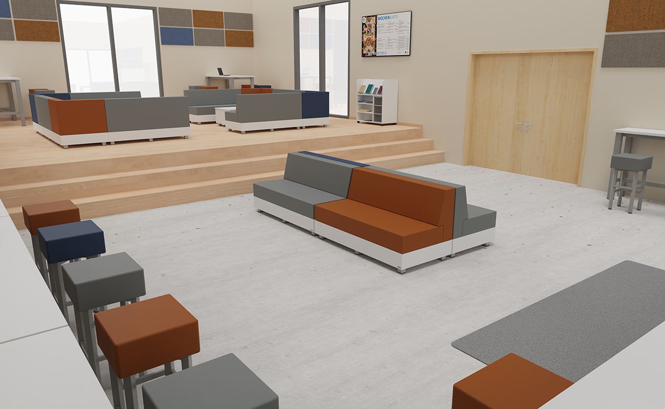 Co-Learning Space Ideenwerkstatt Ausschnitt mit essBar Hochhockern, Chillo Sofas und Schallschutz