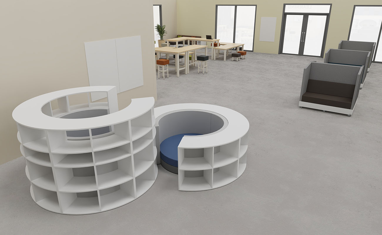 Co-Learning Space LernAtelier Ausschnitt mit Lesetreff Möbeln, Lesenest und Chillo Schallschutzsofas im Hintergrund