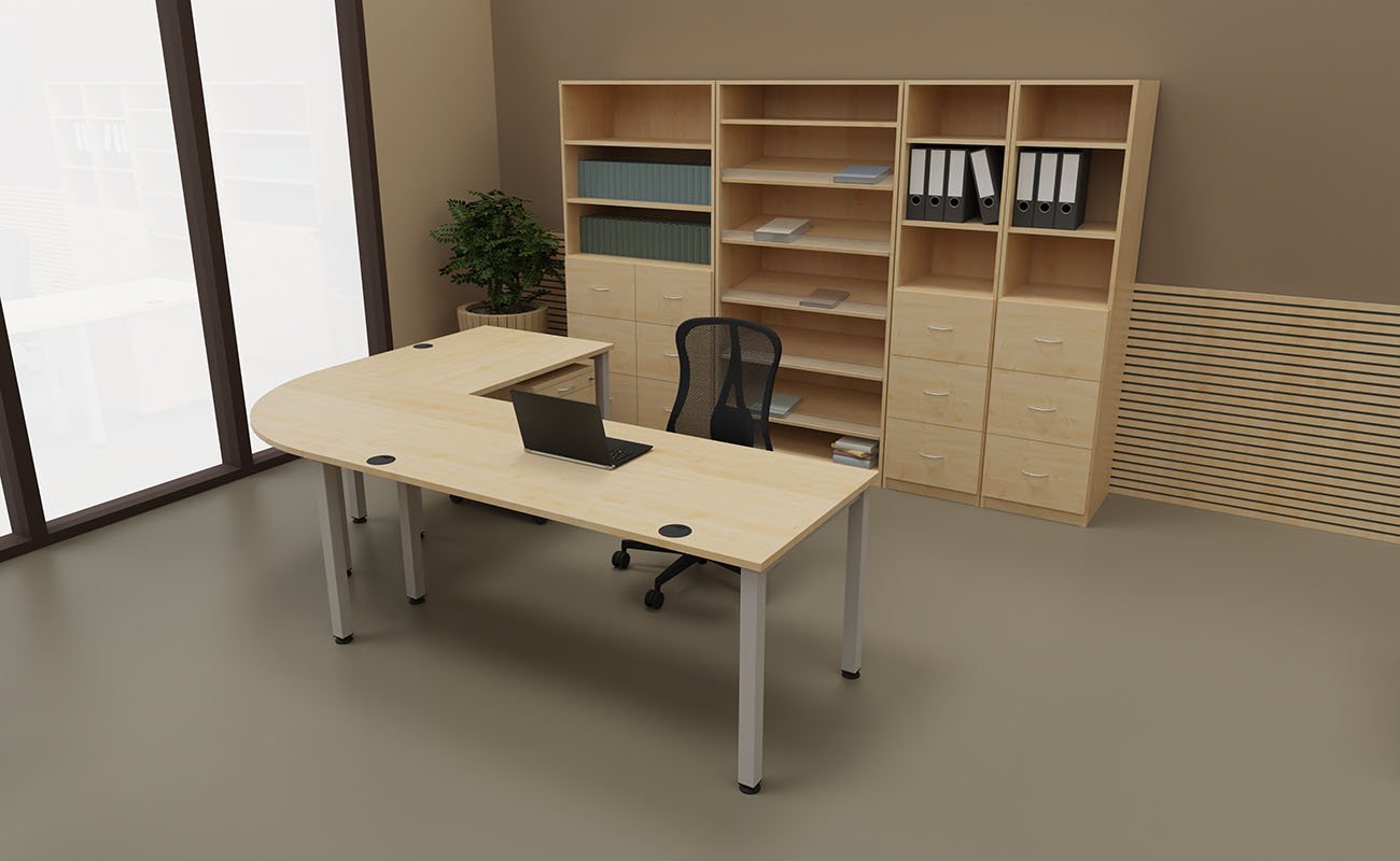 Mittelpunkt der Schule Ecke mit Flexeo Schreibtischlösung und Schrank