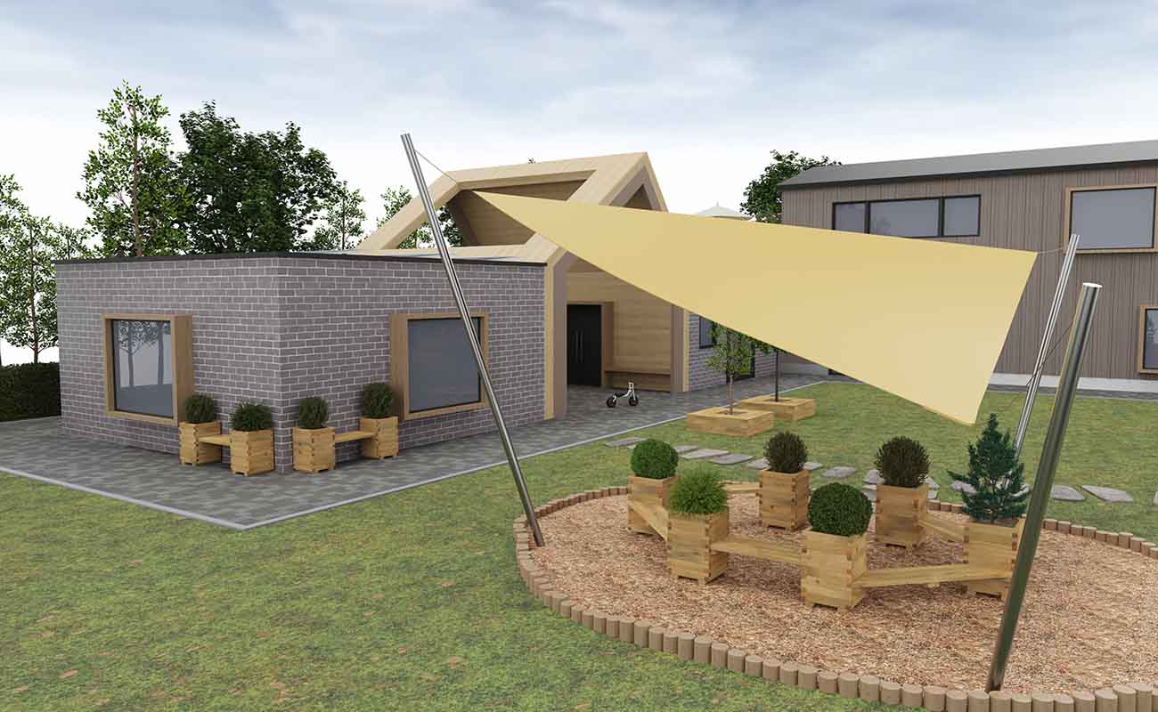 Außenbereich Entdeckerinsel Ecke mit Sonnensegel und Plantas Sitzbänken
