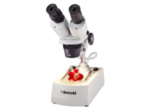 Betzold Stereomikroskop auf weißem Hintergrund mit roter Blume auf Objekttisch