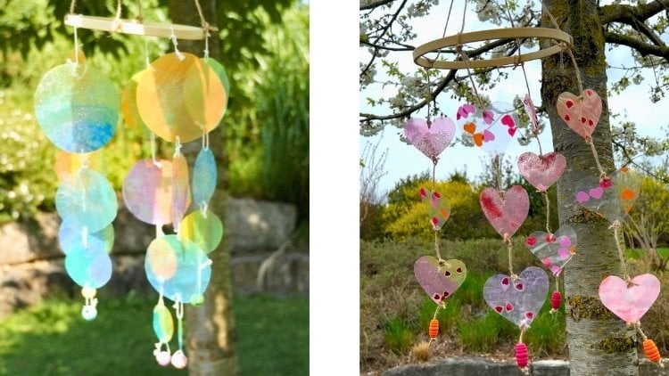 Windspiel aus mit Wasserfarbe bemalter Laminierfolie gebastelt