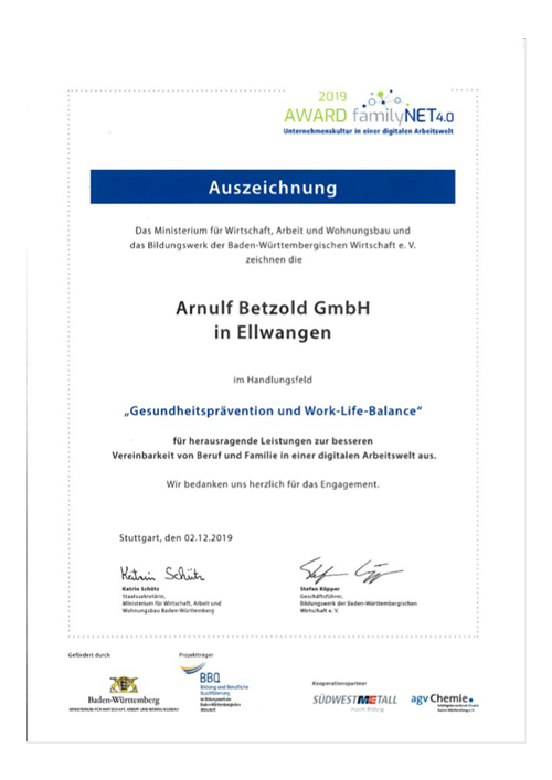 Urkunde familyNET 4.0 Auszeichnung 2019
