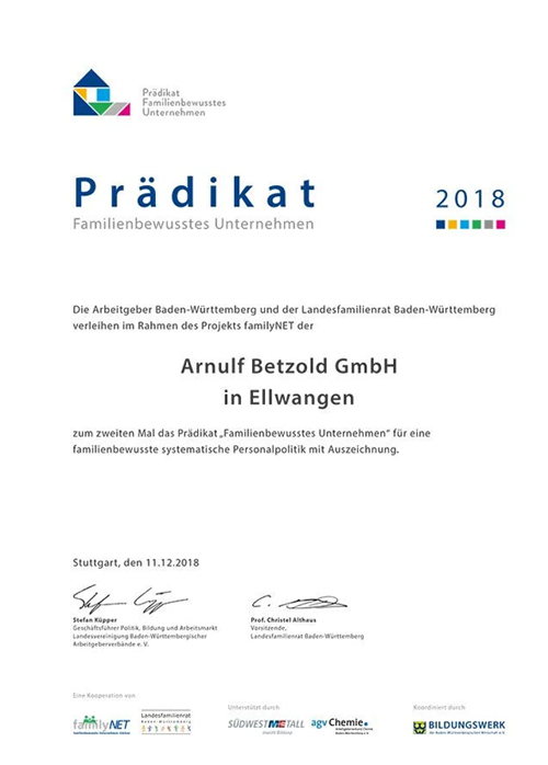 Urkunde Auszeichnung Familienbewusstes Unternehmen 2018