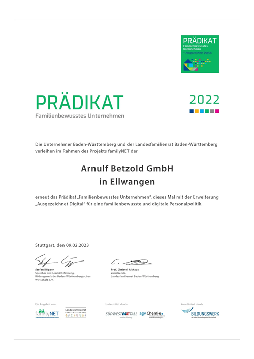 Urkunde Prädikat familienbewusstes Unternehmen 2022