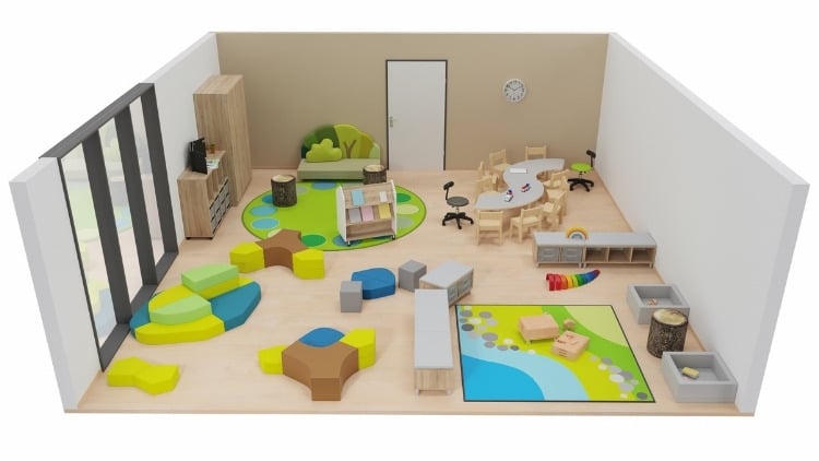 Gruppenraum für den Kindergarten mit Waldmotiven eingerichtet.