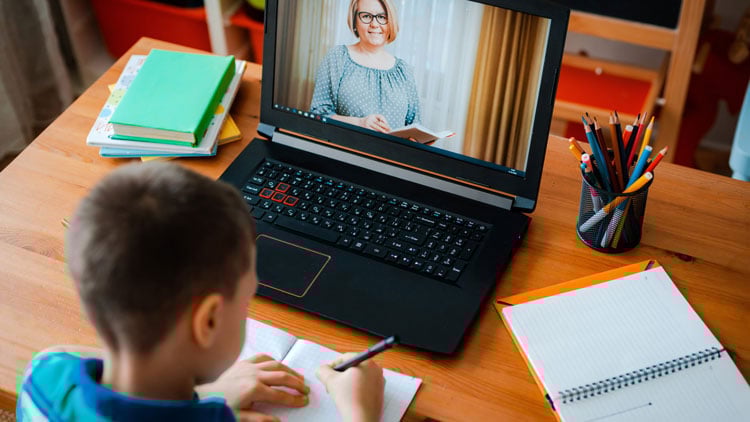 Schüler schaut Lernvideo auf einem Laptop